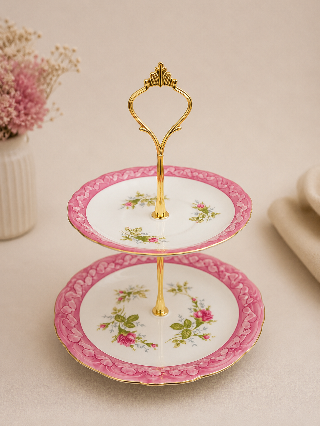Upcycling Etagere 2-stöckig – Pink Vintage