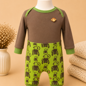 Grün-brauner Baby-Strampler mit Affenprint und elastischen Bündchen, handgefertigt, Langarm-Overall für Babys