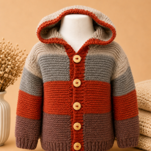 Handgestrickte Baby-Strickjacke mit Kapuze in Grau, Rost und Braun mit Holzknöpfen, warme Herbst- und Winterjacke für Babys