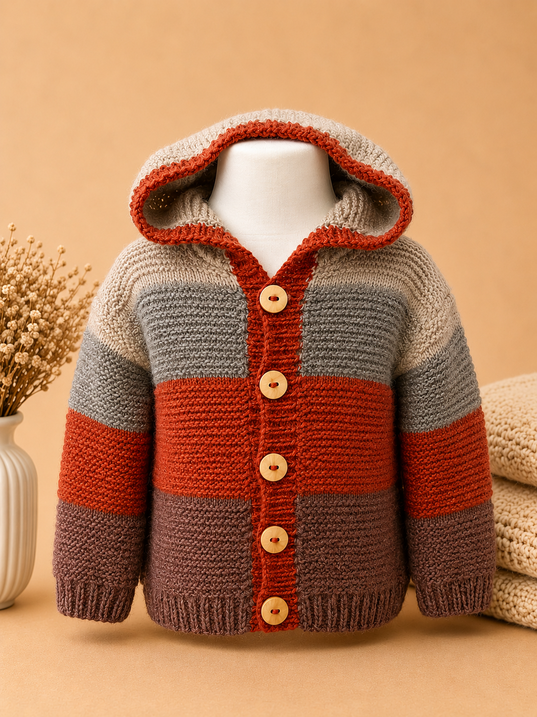 Handgestrickte Baby-Strickjacke mit Kapuze in Grau, Rost und Braun mit Holzknöpfen, warme Herbst- und Winterjacke für Babys