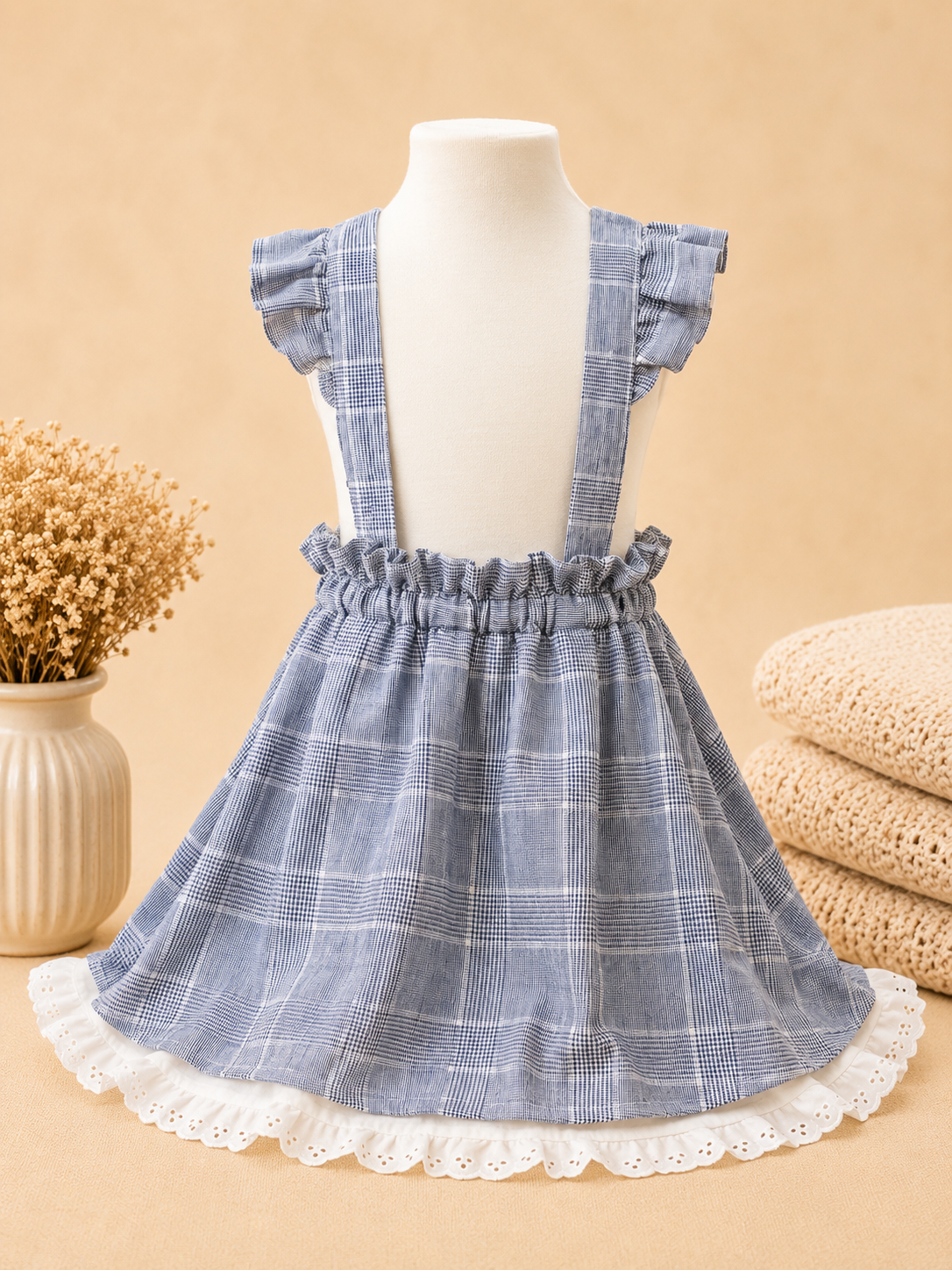 Blau-weiß karierter Mädchen Trägerrock mit überkreuzten Trägern, Volants und Spitzenabschluss im Vintage-Stil