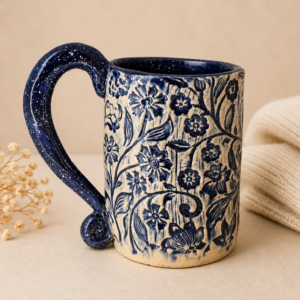 Blauer Keramikbecher mit floralem Muster und geschwungenem Henkel handgefertigt