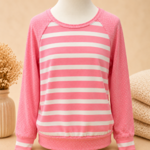 Rosa Mädchen Sweatshirt mit Streifen vorne und gepunkteten Ärmeln, Langarm Pullover für Kinder