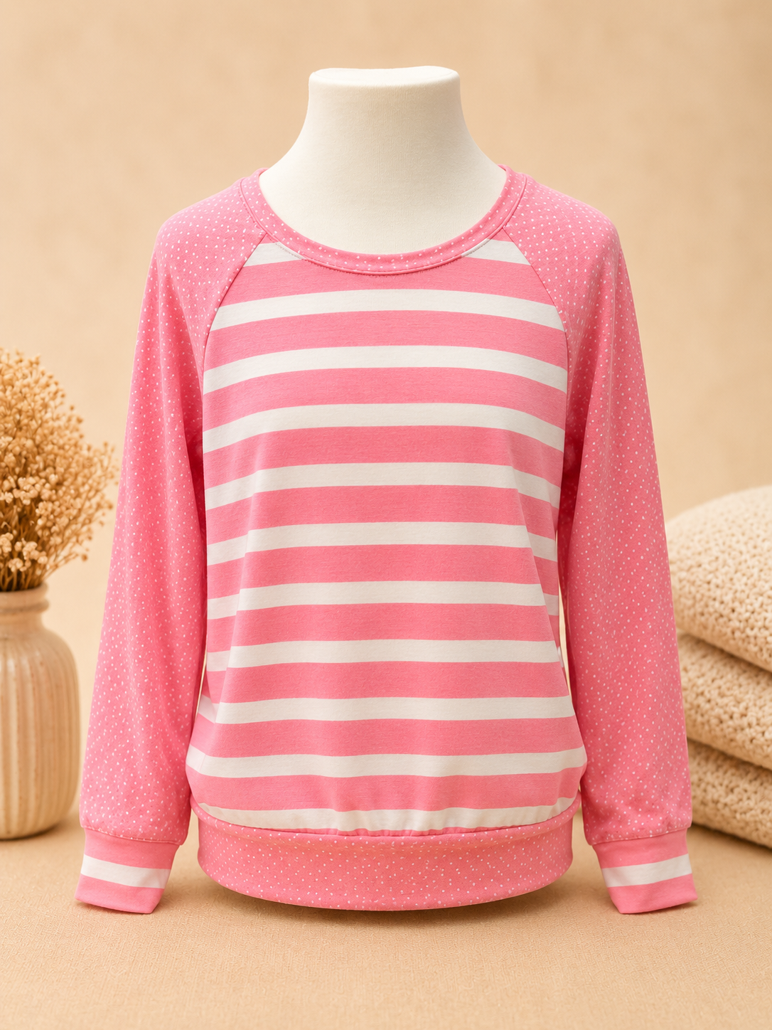 Rosa Mädchen Sweatshirt mit Streifen vorne und gepunkteten Ärmeln, Langarm Pullover für Kinder