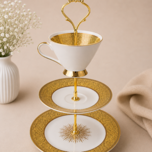 Upcycling Etagere aus Sammeltasse – Goldornament