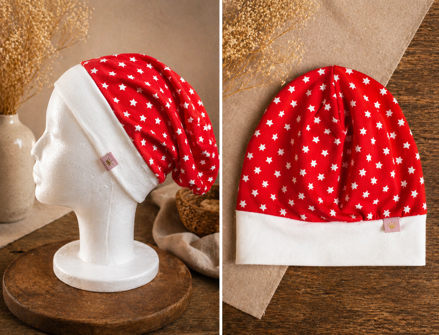 Rote Baby Mütze mit weißen Sternen und cremefarbenem Bündchen, Kopfumfang 34 cm