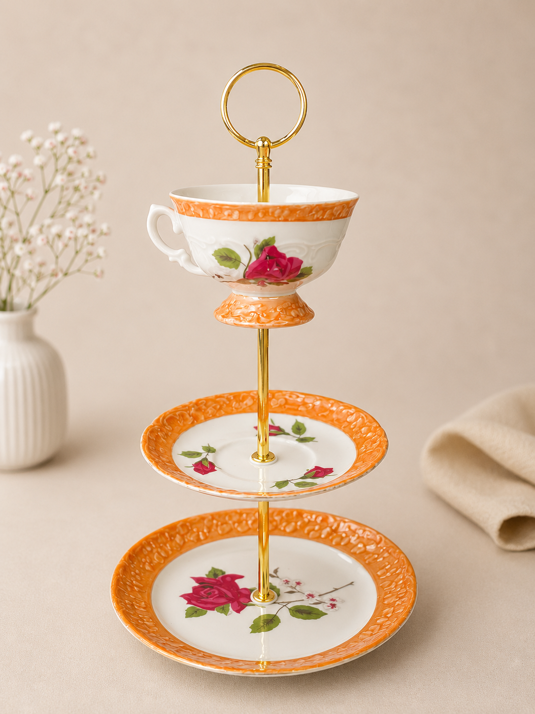 Upcycling Etagere 3-stöckig – Retro Rosen