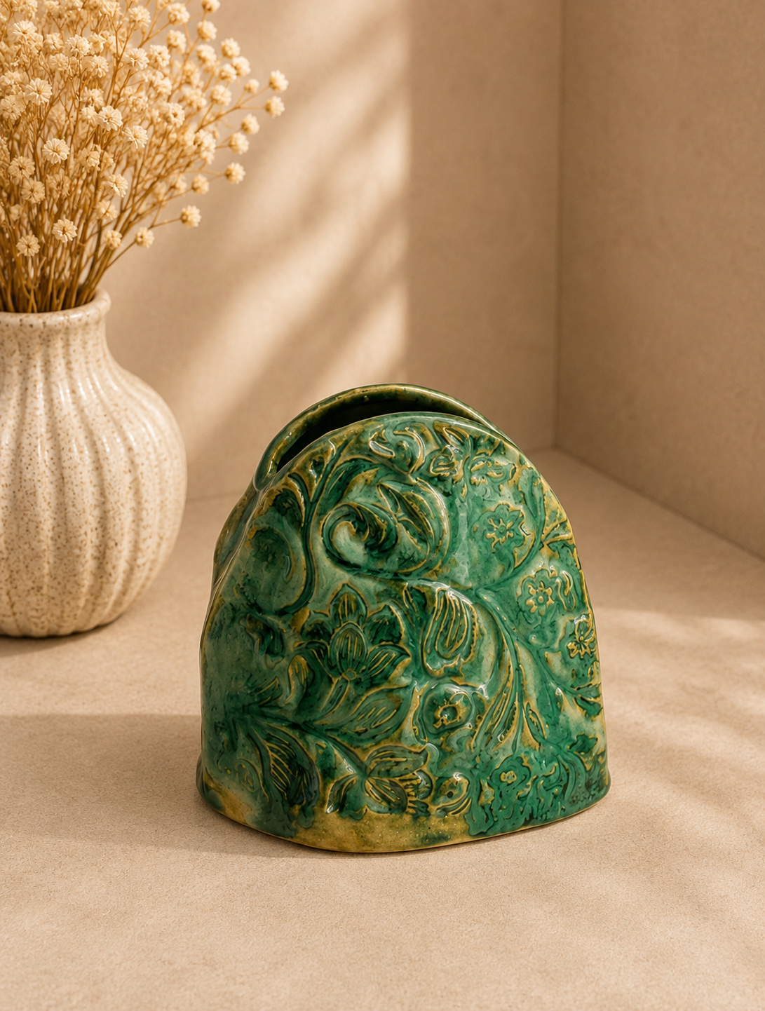 Keramikvase handgefertigt - Oval klein türkis