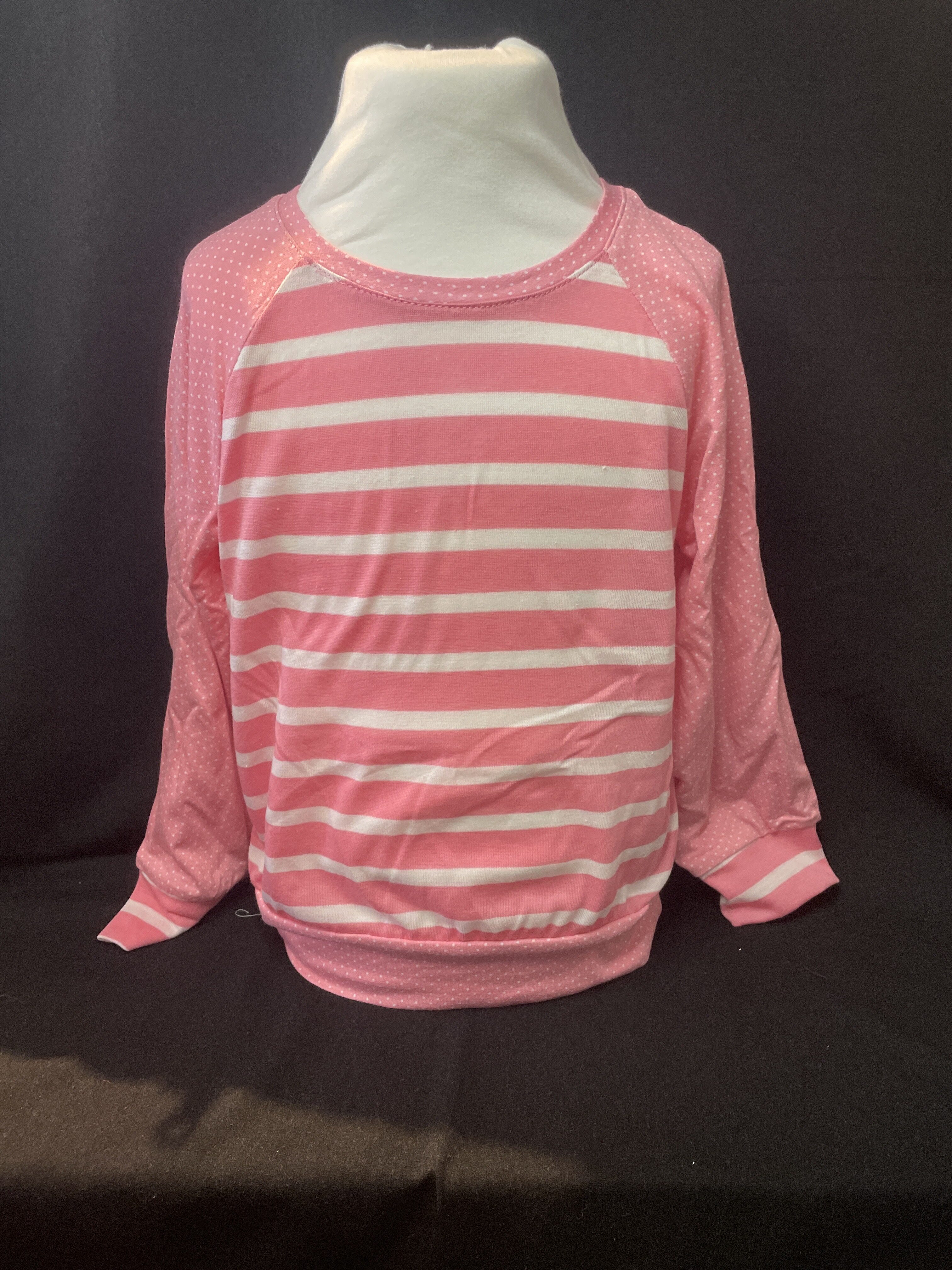 Rosa Mädchen Sweatshirt mit Streifen vorne und gepunkteten Ärmeln, Langarm Pullover für Kinder