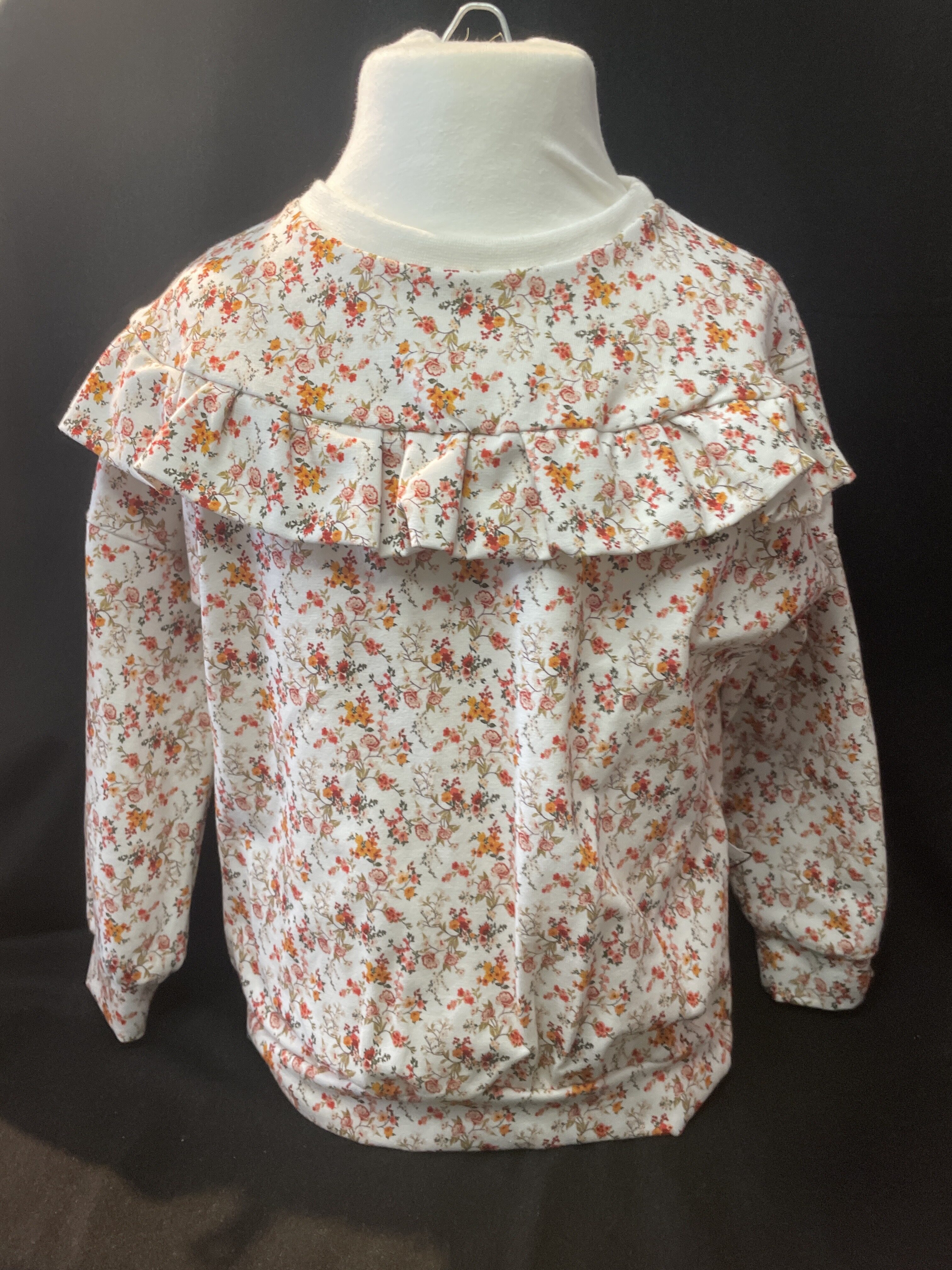 Cremefarbenes Mädchen Sweatshirt mit floralen Blumenprint und dekorativer Rüsche im Schulterbereich, Langarm Pullover für Kinder