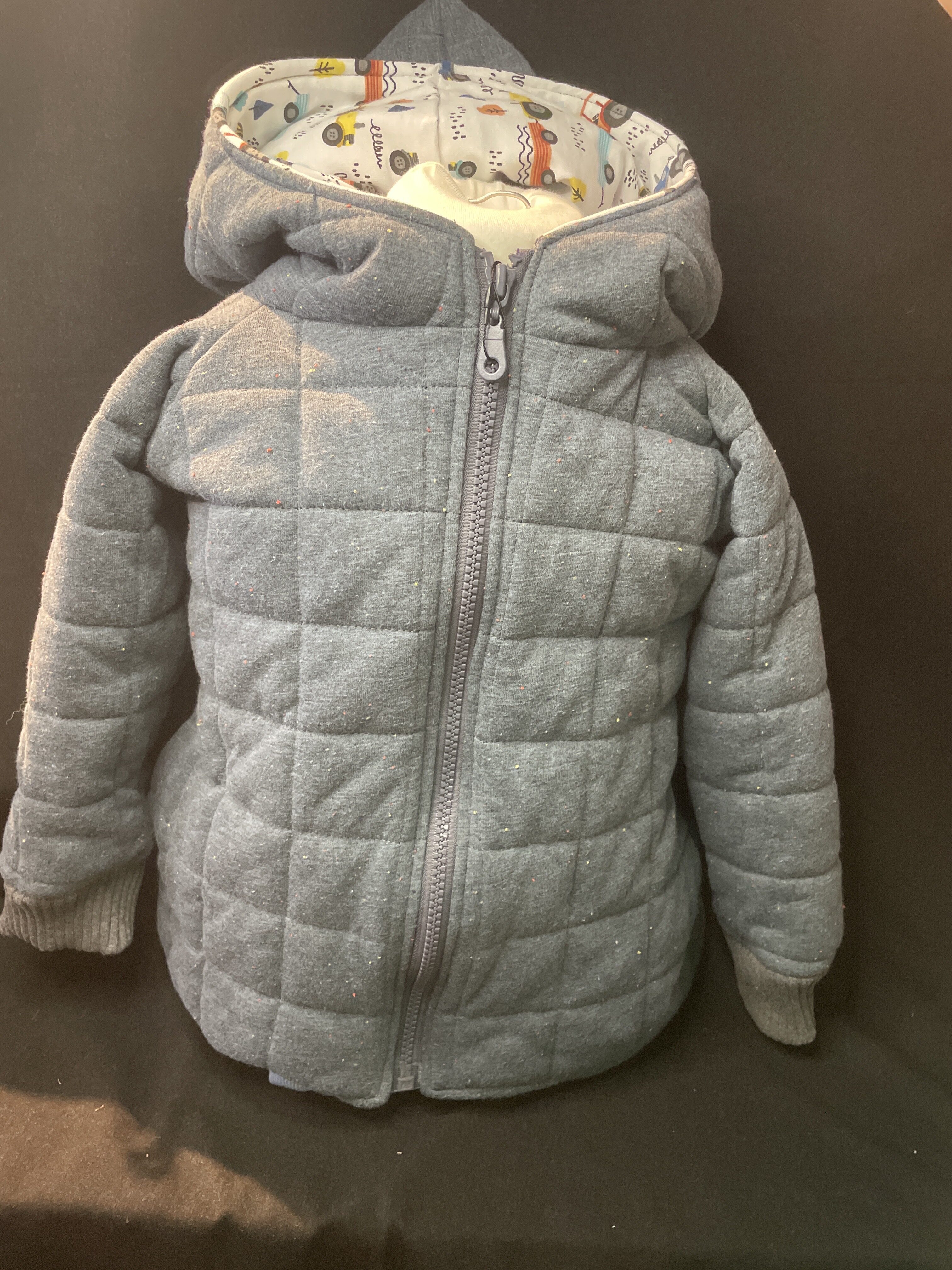 Graue gesteppte Kinderjacke mit Kapuze und Reißverschluss, Innenfutter mit Fahrzeug-Motiv