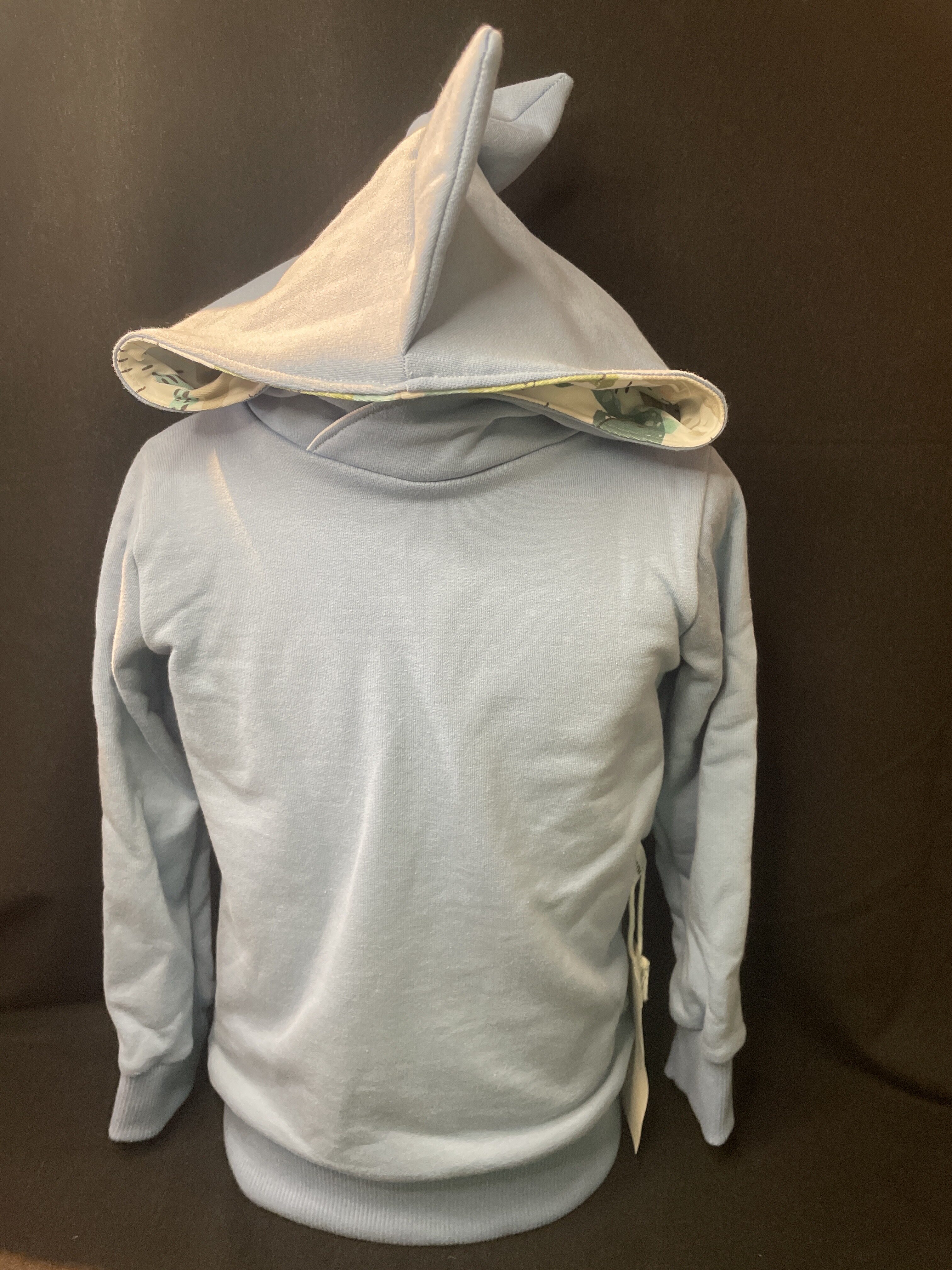 Hellblauer Kinder Hoodie mit gefütterter Kapuze im Dinosaurier-Design, handgefertigt