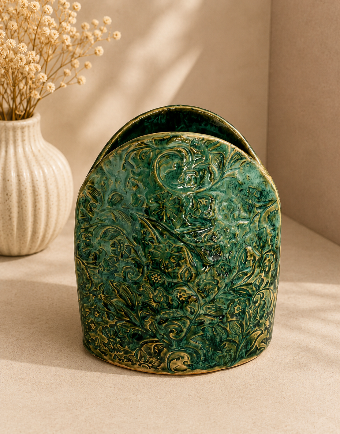 Keramikvase handgefertigt - Oval türkis