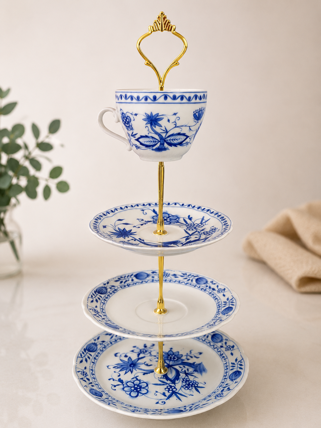 Upcycling Etagere 3-stöckig – Zwiebelmuster Blau