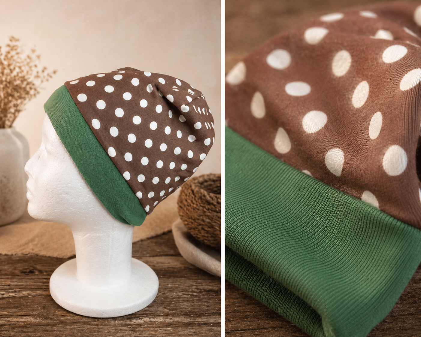 Baby Mütze Braun mit weißen Punkten & grünem Bündchen – KU 30 cm – Bild 2