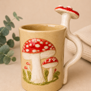 Handgefertigter Keramikbecher mit Fliegenpilz-Motiv und Pilz-Henkel in Naturfarben