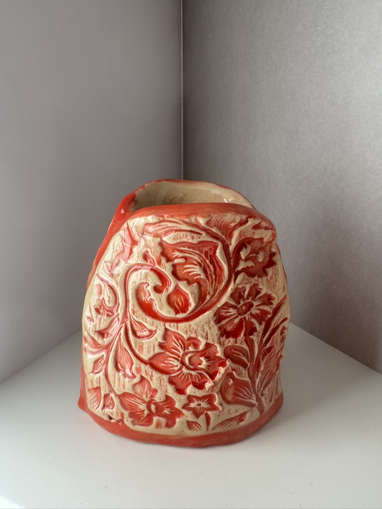 Keramikvase handgefertigt - Oval klein hellrot