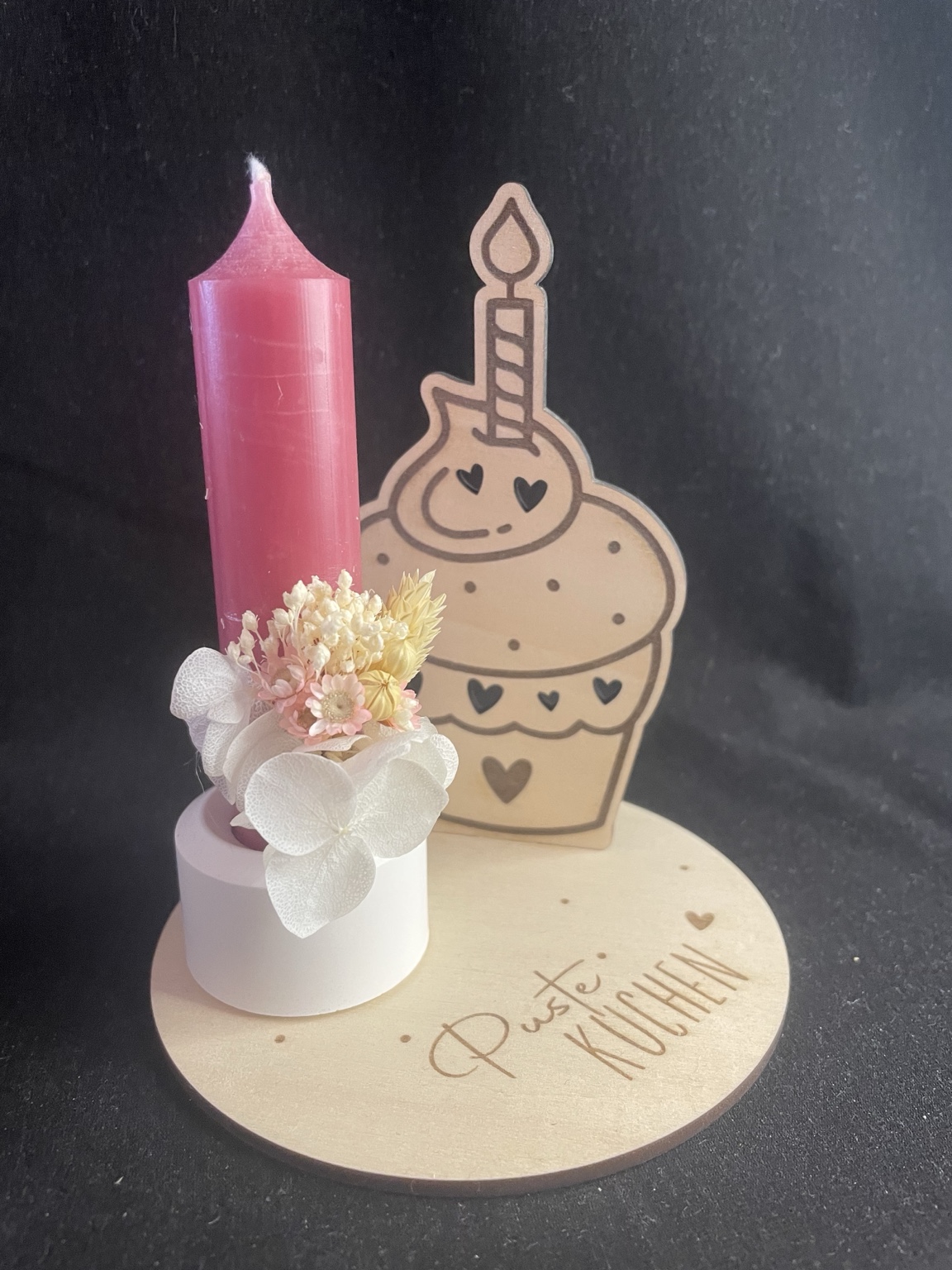 Holz Kerzenhalter Geburtstag mit Cupcake Motiv und Gravur Pustekuchen