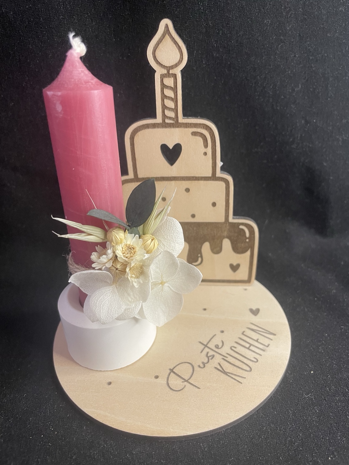 Holz Kerzenhalter Geburtstag mit Tortenmotiv und Gravur Puste Küchlein
