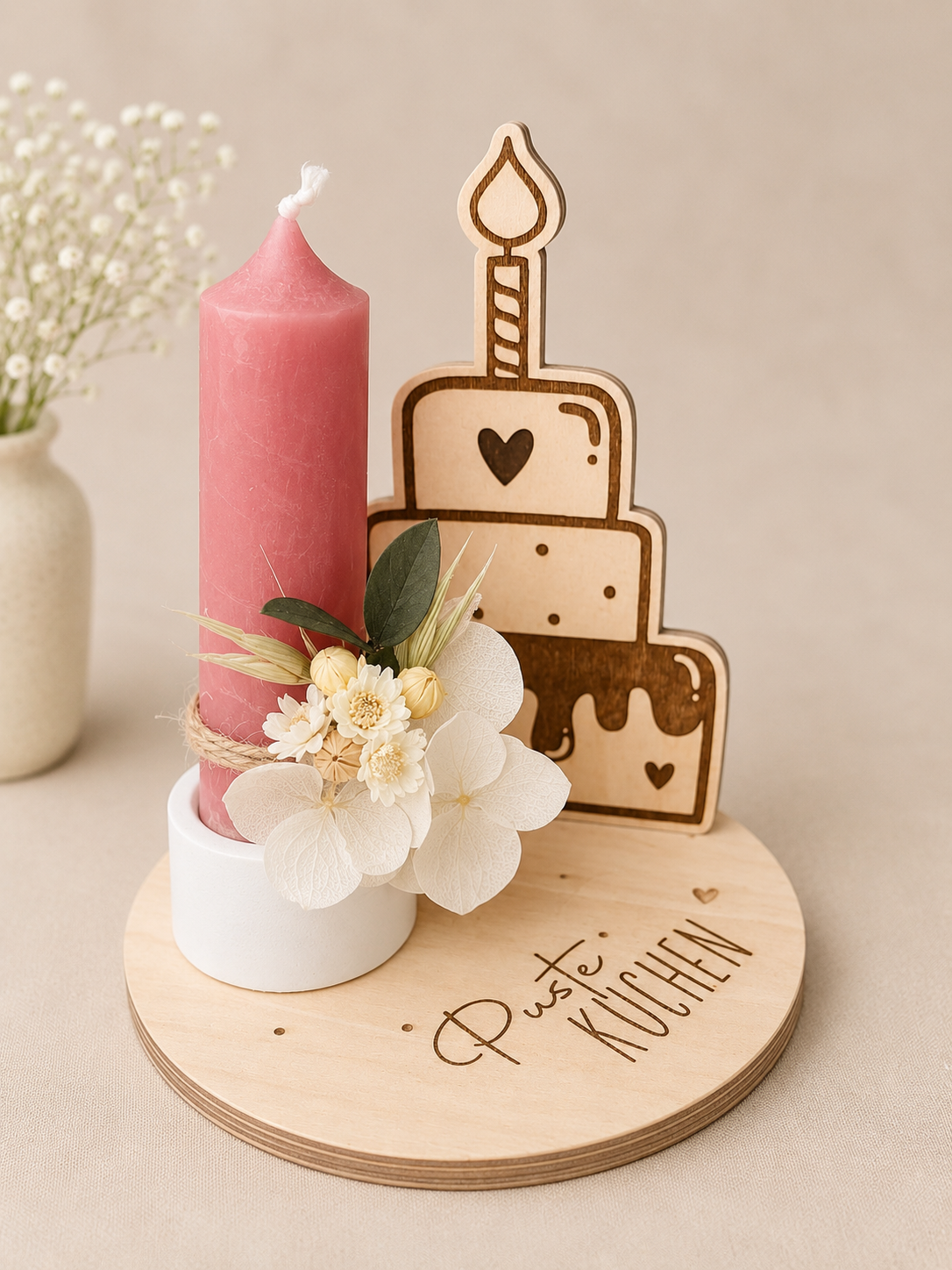 Geburtstags-Kerzenhalter „Puste Küchlein“ mit Tortenmotiv – Holzdeko mit Kerze & Trockenblumen