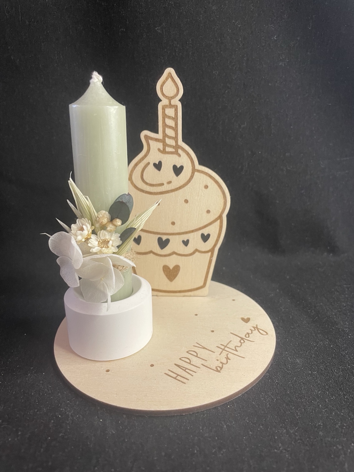 Holz Kerzenhalter Geburtstag mit Cupcake Motiv und Gravur Happy Birthday