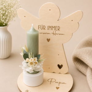 Schutzengel Kerzenhalter aus Holz – Engel-Deko mit Kerze & Trockenblumen