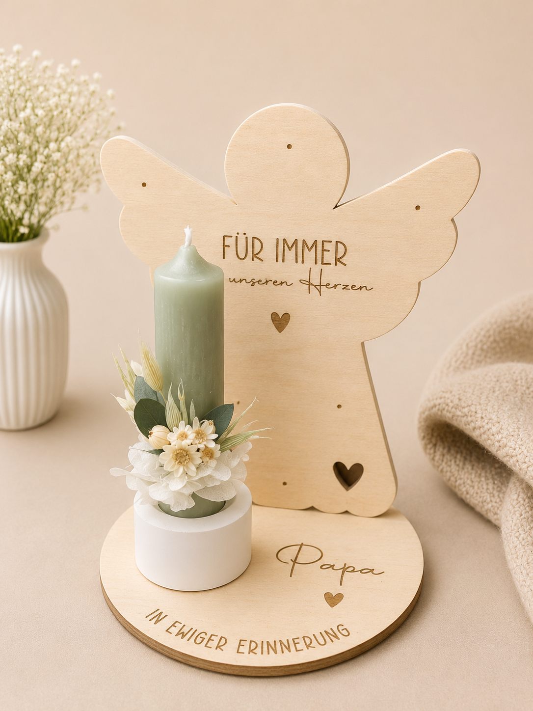 Schutzengel Kerzenhalter aus Holz – Engel-Deko mit Kerze & Trockenblumen