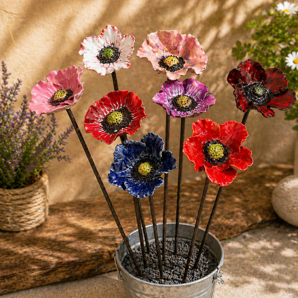 Handgetöpferte Pflanzstecker in Blumenform. Jedes Stück ein Unikat – perfekt für Garten, Balkon oder als Geschenk. Fokus-Keyword: Pflanzstecker Keramik Blume