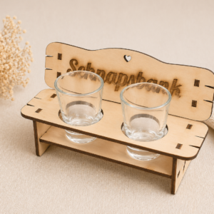 Schnapsbank aus Holz mit Gravur – 2er Schnapsglashalter „Schnapsbank“
