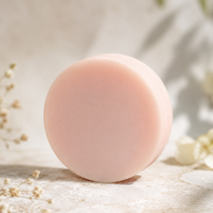 Rosa handgemachte Chakra Seife Kronenchakra mit Jasmin Duft auf Holzschale präsentiert