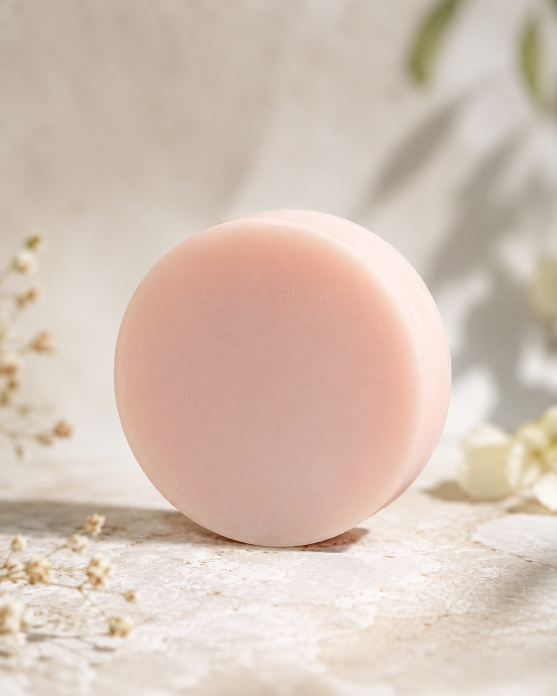 Rosa handgemachte Chakra Seife Kronenchakra mit Jasmin Duft auf Holzschale präsentiert