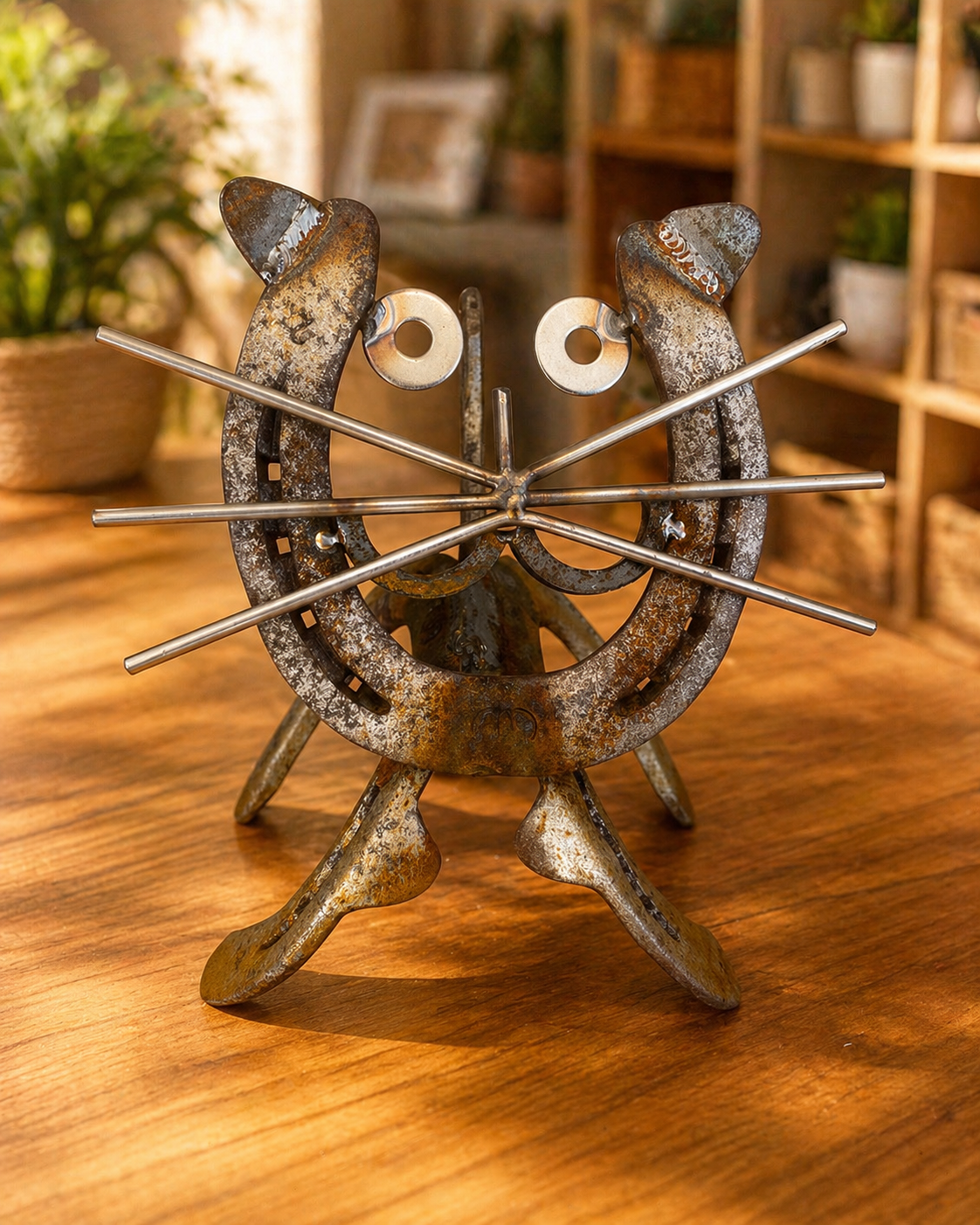 Hufeisen Katze Metallskulptur – handgefertigte Dekofigur im Industrial-Design