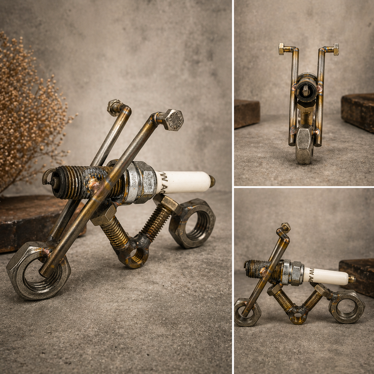 Handgefertigte Motorrad Skulptur aus Schrauben Muttern und Zündkerze im Industrial Design