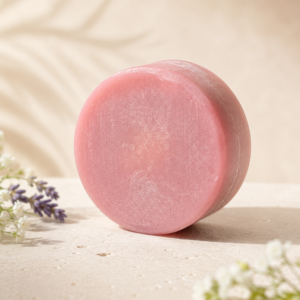 Lila-rosé handgemachte Chakra Seife Stirnchakra auf Holzschale, 70 g, Duft Lavendel