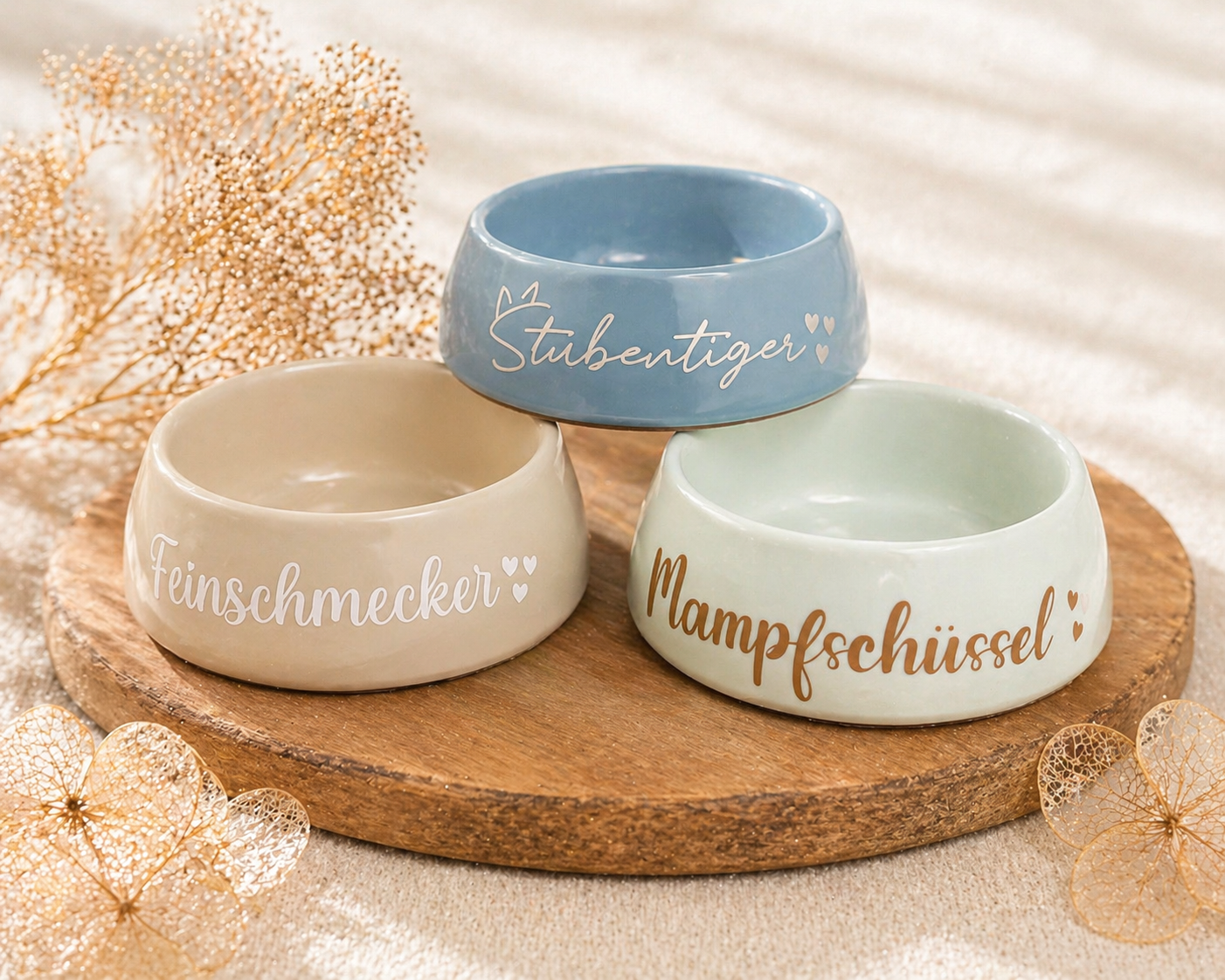 Kunststoff Futternapf mit Schriftzug Stubentiger und Mampfschüssel für Katzen in modernem Design