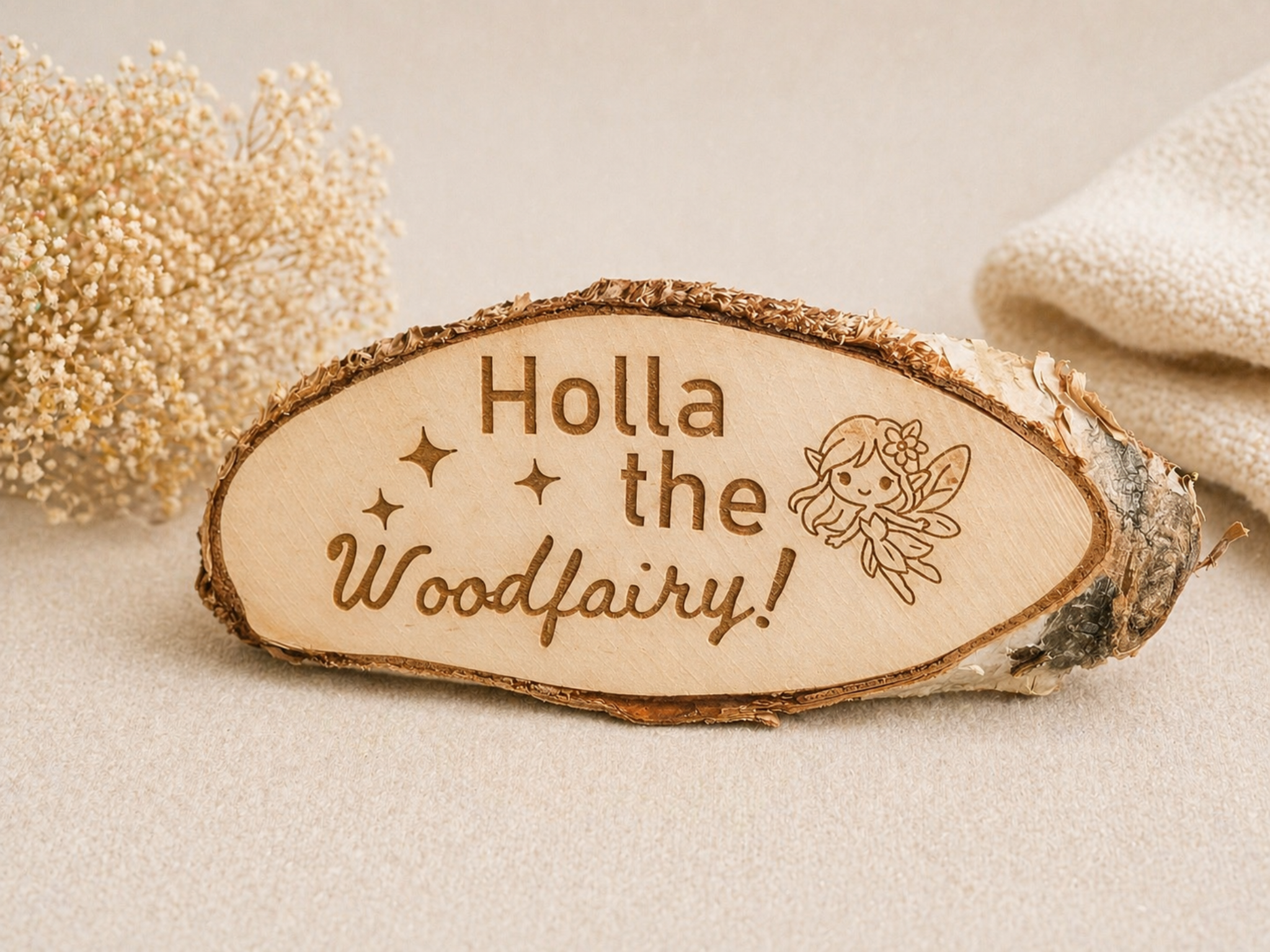 Graviertes Holzschild aus Baumscheibe mit Schriftzug „Holla the Woodfairy!“ und Feenmotiv