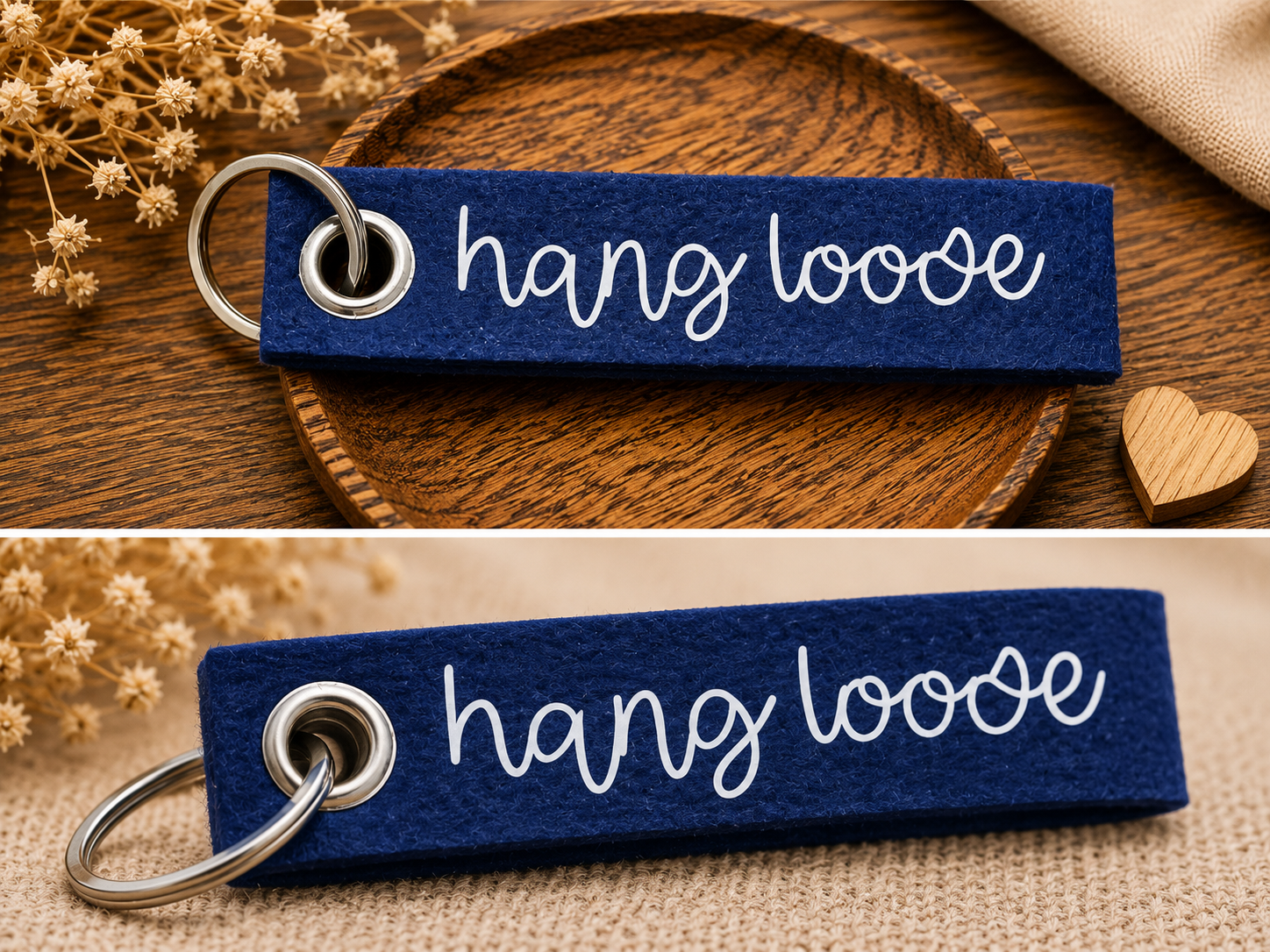 Dunkelblauer Filz-Schlüsselanhänger mit hang loose Schriftzug auf dekorativer Holzschale