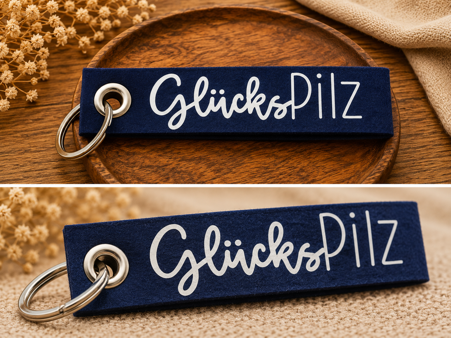 Dunkelblauer Filz-Schlüsselanhänger mit Glückspilz Schriftzug auf dekorativem Holztablett