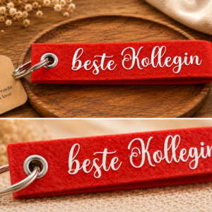 Roter Filz-Schlüsselanhänger mit beste Kollegin Schriftzug auf dekorativem Holztablett