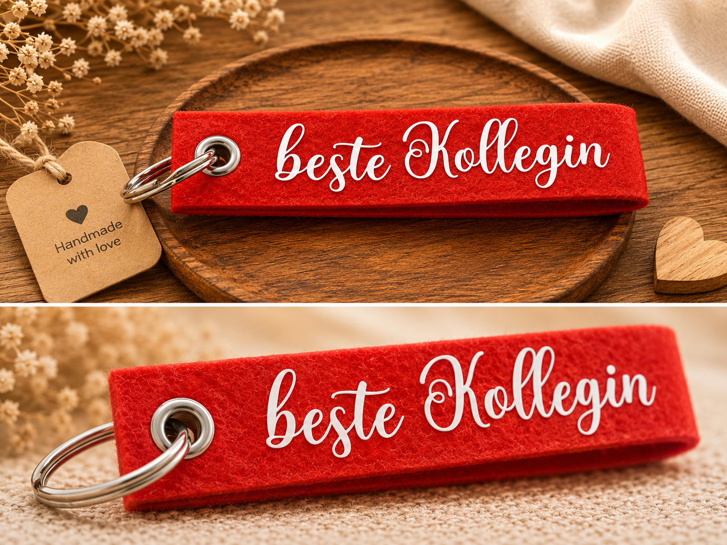 Roter Filz-Schlüsselanhänger mit beste Kollegin Schriftzug auf dekorativem Holztablett