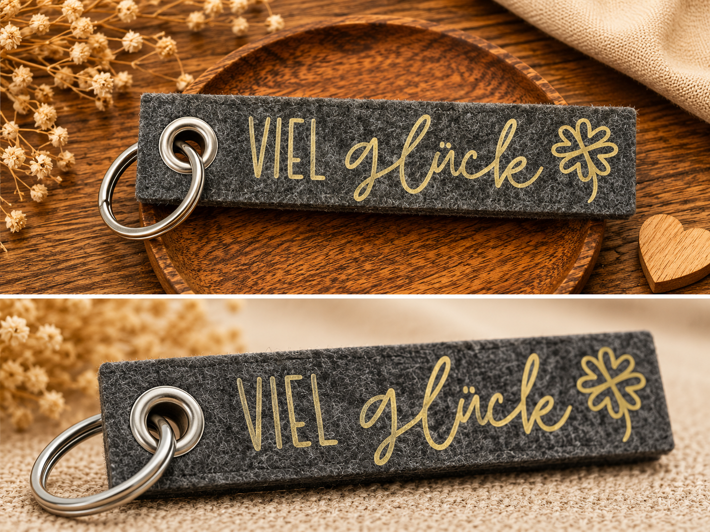 Grauer Filz-Schlüsselanhänger mit Viel Glück Schriftzug und Kleeblatt Motiv auf Holztablett