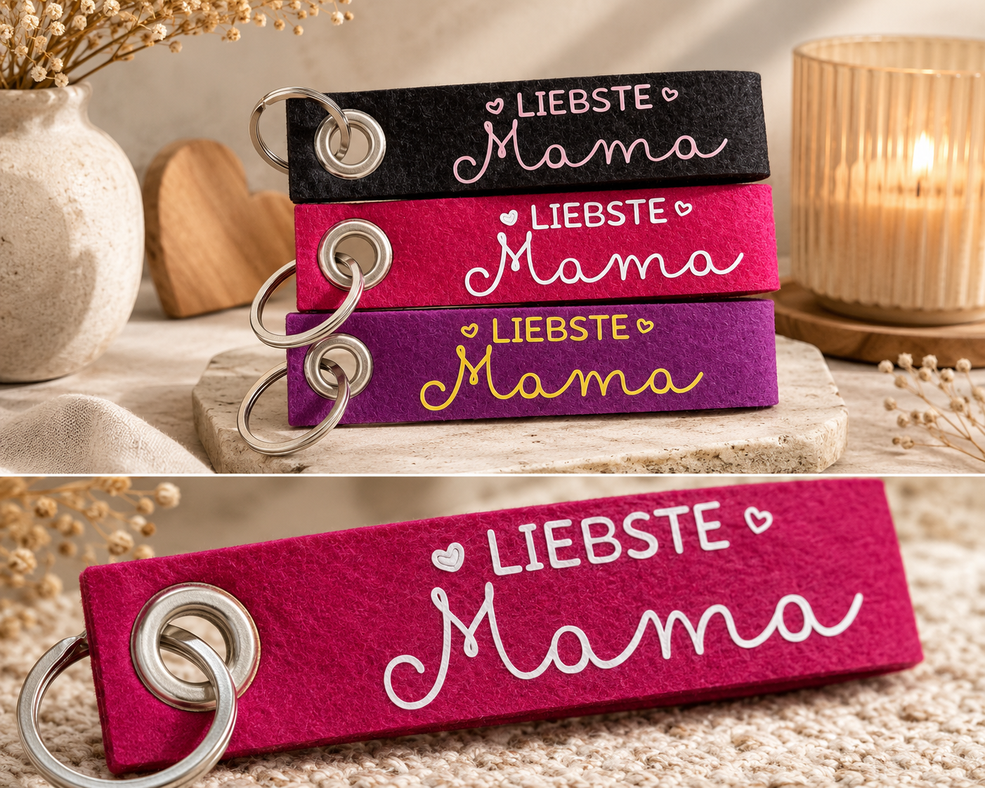 Filz-Schlüsselanhänger mit Liebste Mama Schriftzug in verschiedenen Farben auf dekorativem Untergrund