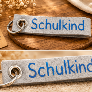 Grauer Filz-Schlüsselanhänger mit blauem Schulkind Schriftzug auf dekorativem Untergrund