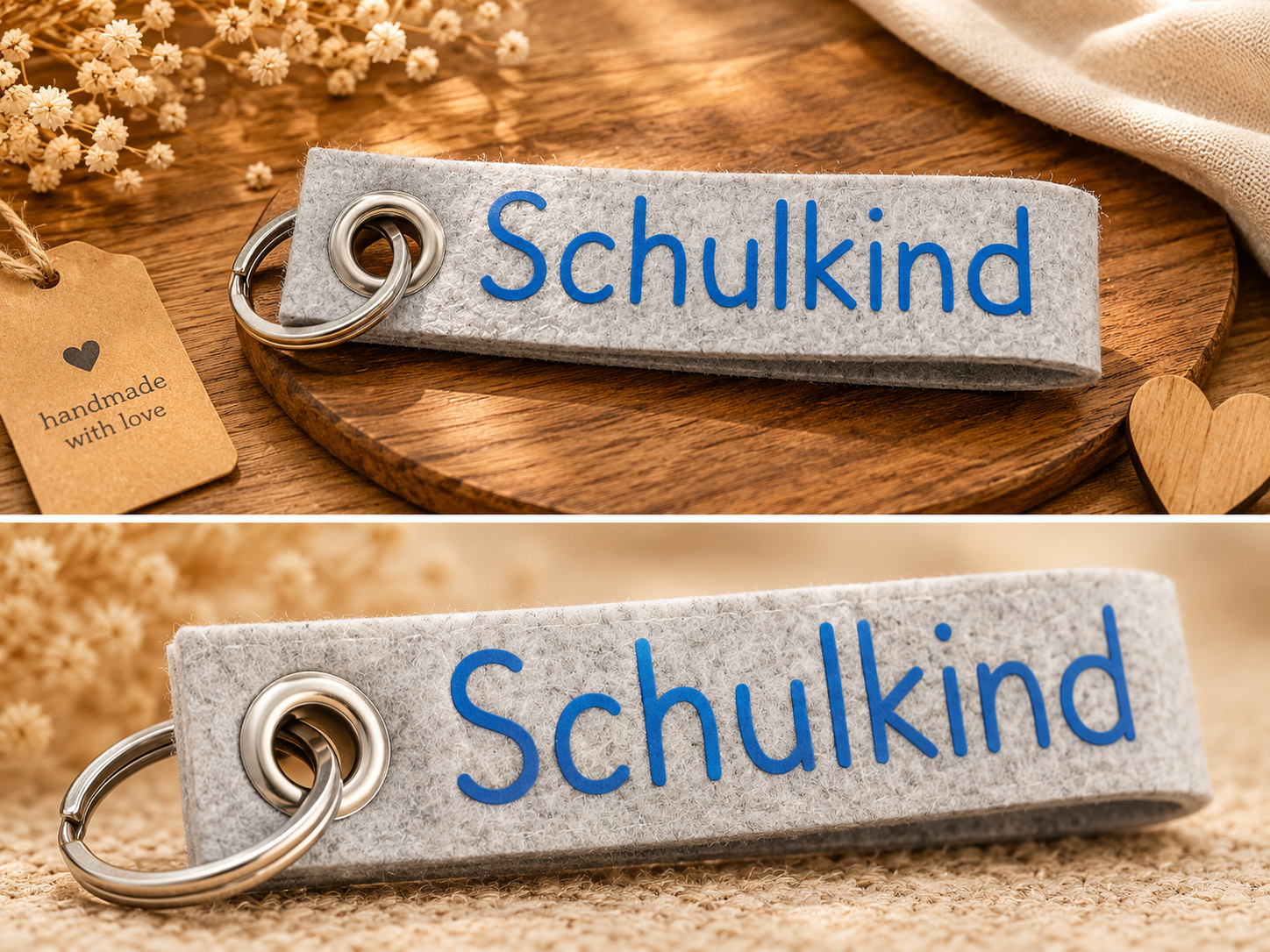 Grauer Filz-Schlüsselanhänger mit blauem Schulkind Schriftzug auf dekorativem Untergrund
