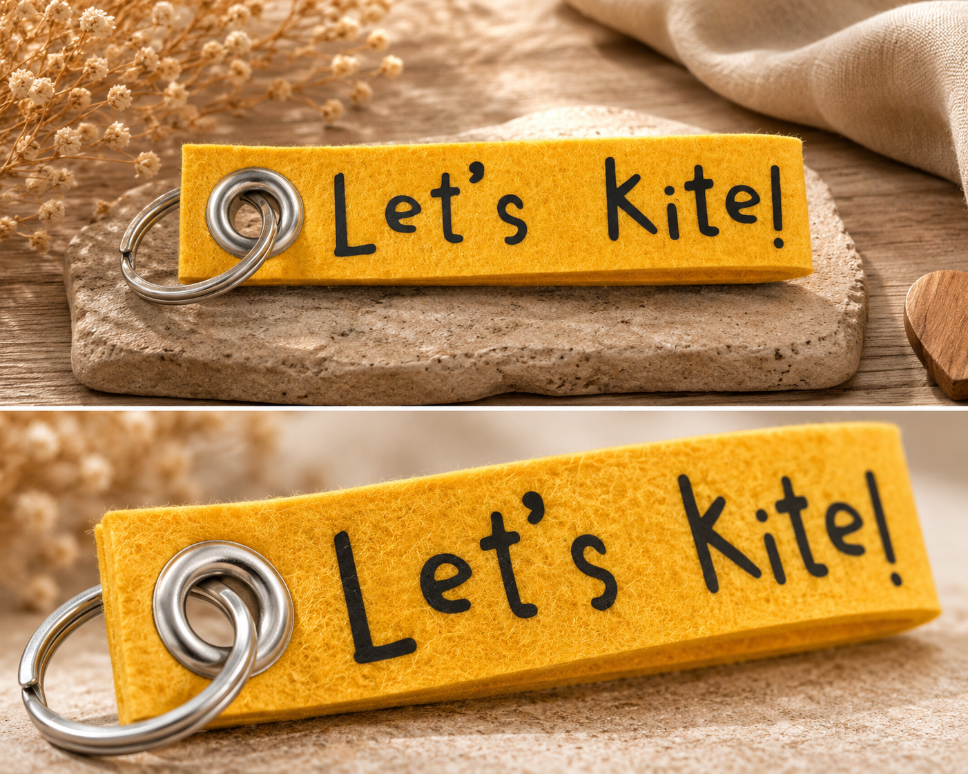 Gelber Filz-Schlüsselanhänger mit Let’s Kite Schriftzug auf dekorativem Untergrund