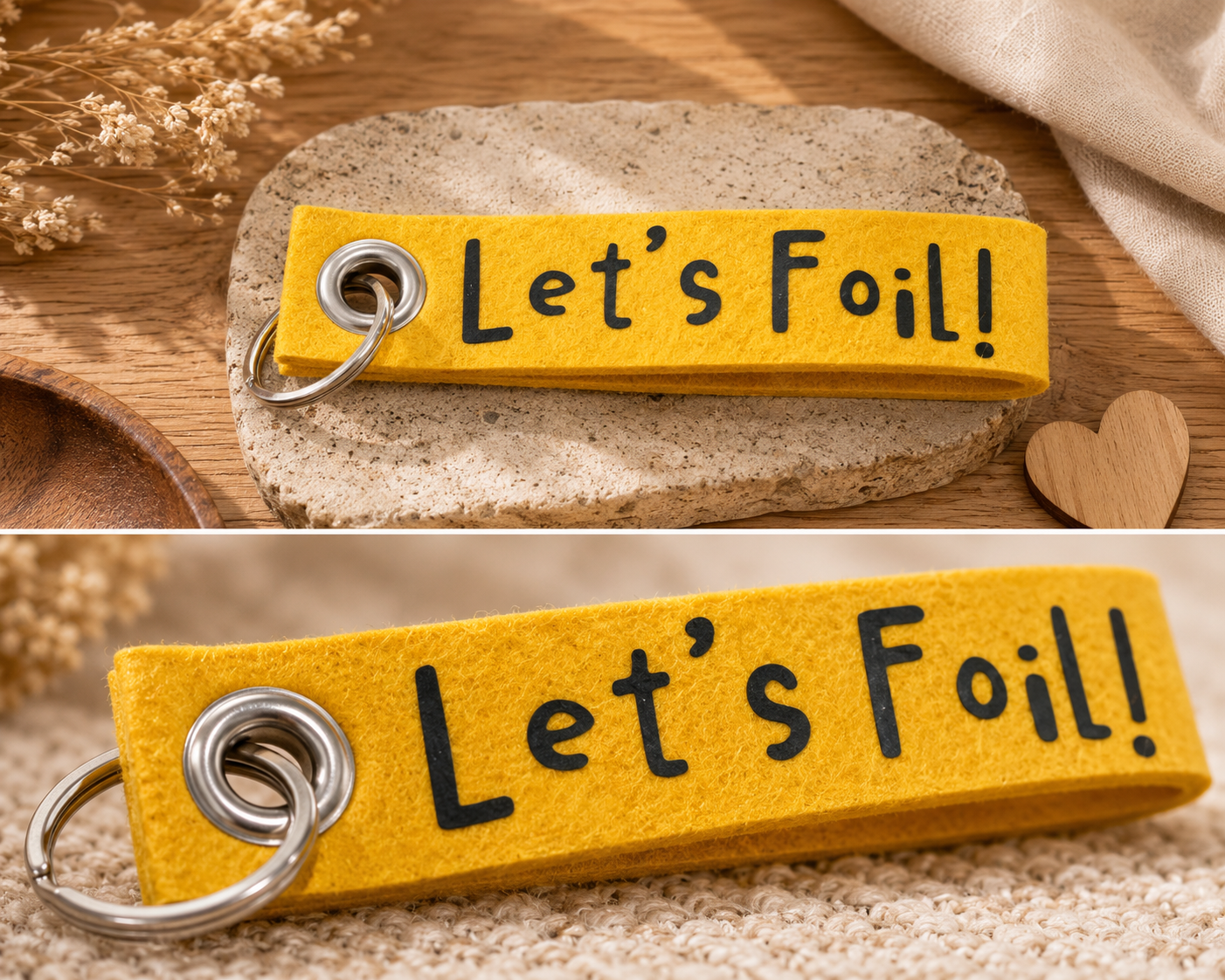 Gelber Filz-Schlüsselanhänger mit Let’s Foil Schriftzug auf dekorativem Untergrund