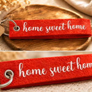 Roter Filz-Schlüsselanhänger mit home sweet home Schriftzug auf dekorativem Holztablett