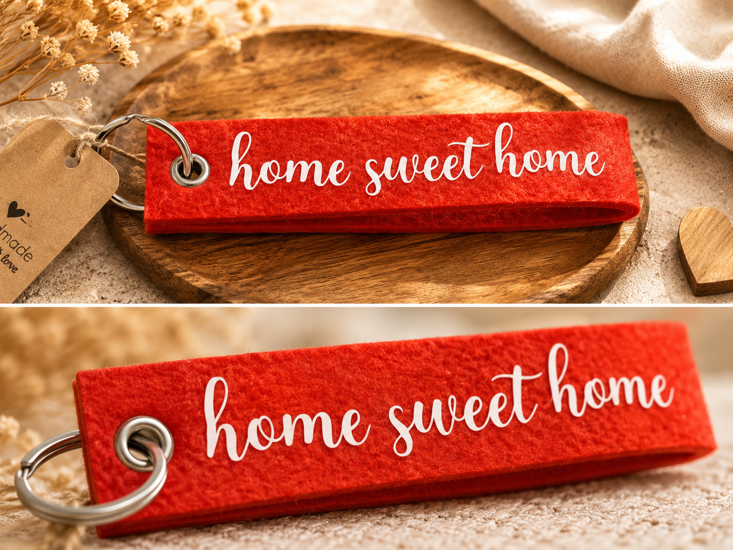 Roter Filz-Schlüsselanhänger mit home sweet home Schriftzug auf dekorativem Holztablett