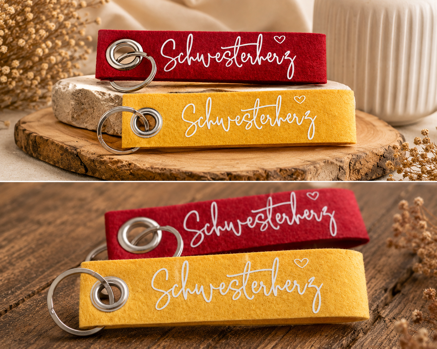 Filz-Schlüsselanhänger mit Schriftzug Schwesterherz und Metallring in Rot auf Holzuntergrund