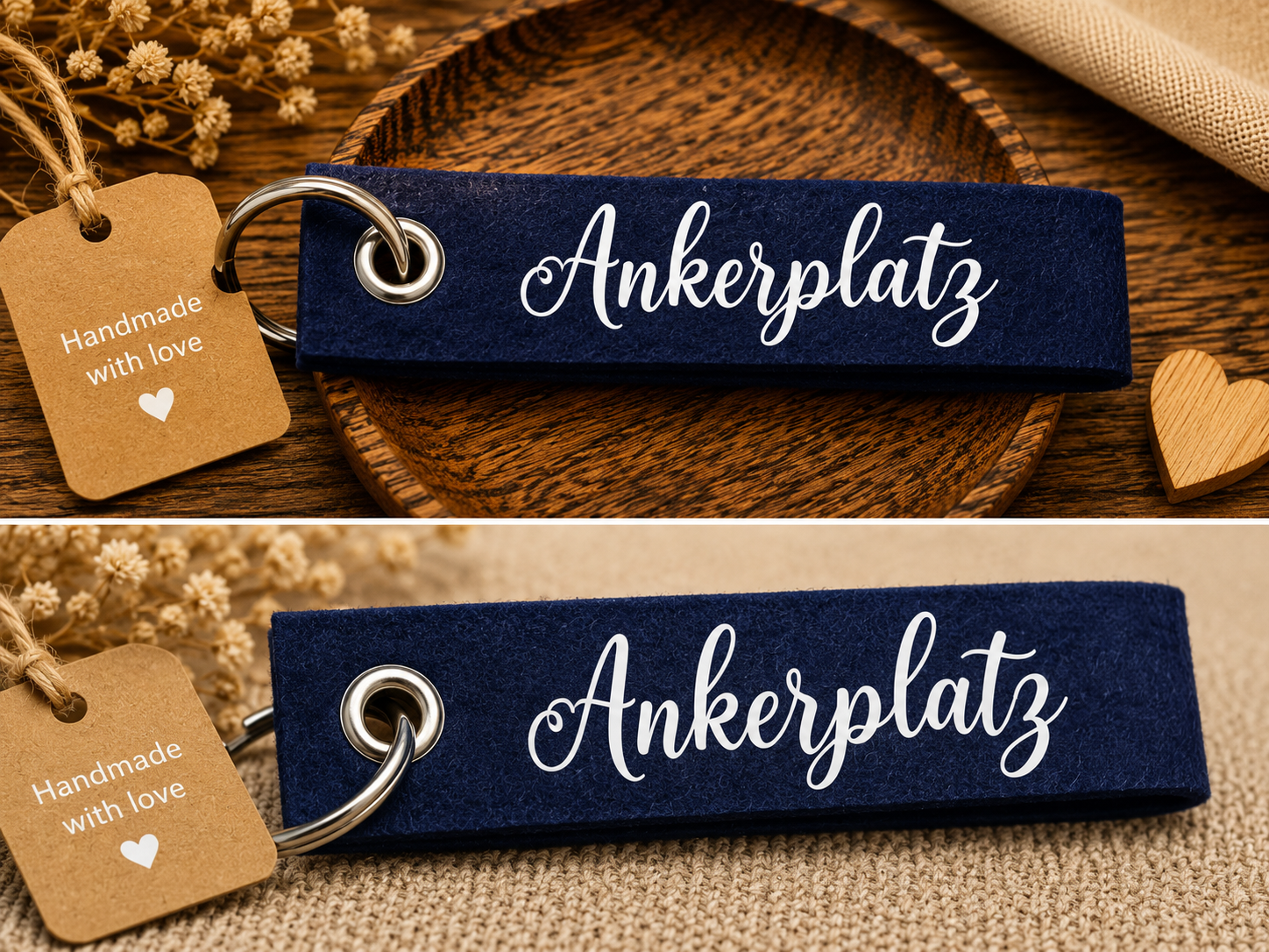 Dunkelblauer Filz-Schlüsselanhänger mit Ankerplatz Schriftzug auf dekorativer Holzschale
